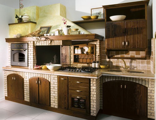 Taverna rustica: mattoncini, pietre naturali, legno Pavimento soggiorno cucina rustiche